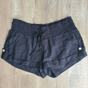 Women's Black Linen Style Smocked Waist Shorts